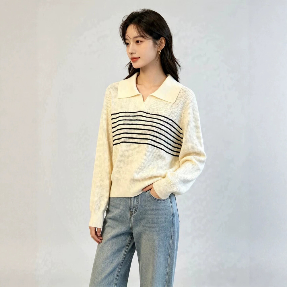 ZARA Women French Turn Down Collar Striped Knit Sweater Contrast Color Versatile